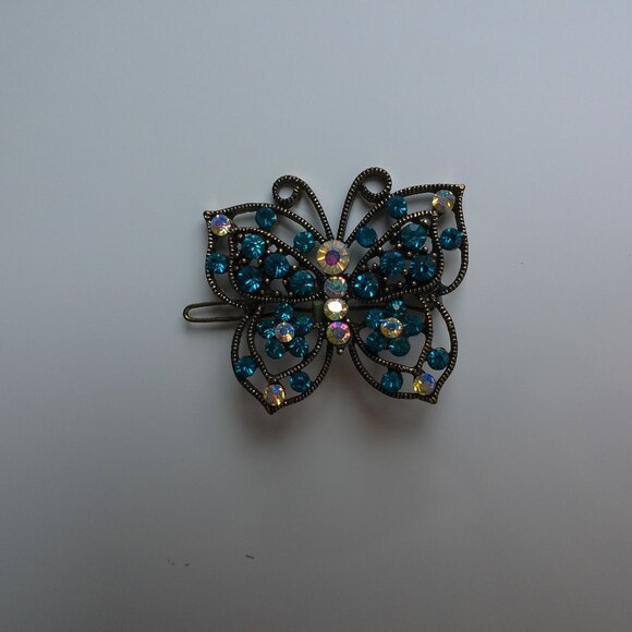 Butterfly Hair Clip, Gold color, blue rhinestone, shiny crystals - Picture 2 of 8